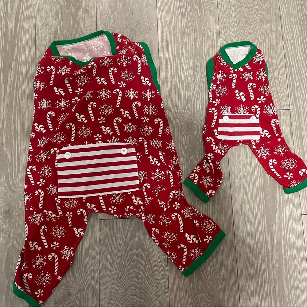 2 pairs of Matching Dog Holiday Pajamas, Size Large and Small